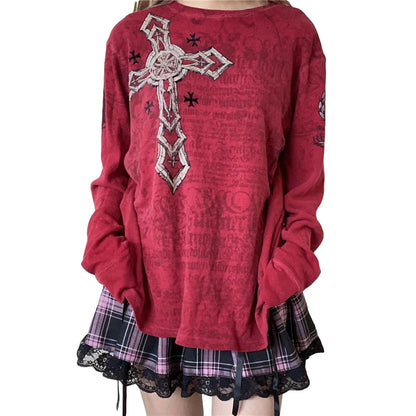 Camiseta de manga larga con cuello redondo y estampado gráfico gótico de Fairy Grunge Y2K para mujer, ropa emo de los años 2000, ropa urbana