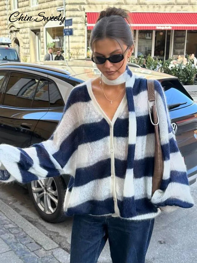 Loose Mohair Striped V-neck Cardigan Women With Scarf Fashion Lantern Sleeve Single Breasted Knitwear Casual Lady New Streetwear
