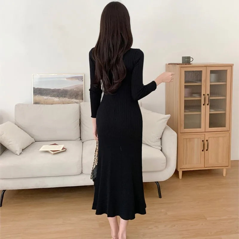 Vestidos de punto elegantes coreanos para mujer, cuello en V, manga larga, ajustados, ajustados, con volantes, vestido de fiesta informal, otoño e invierno, nuevos vestidos