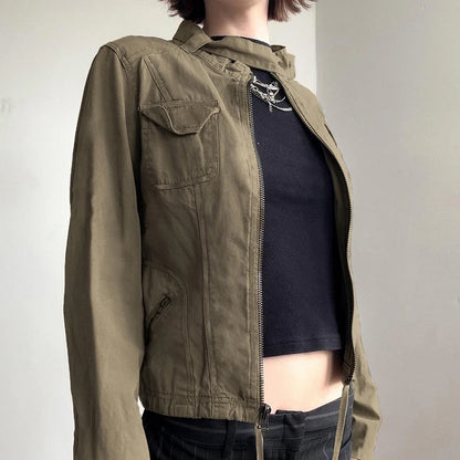 Chaqueta militar de cuello alto con patchwork para mujer, estilo vintage Y2K, con bolsillos y cremallera, estilo grunge, ropa de calle.