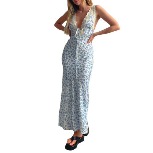 Lace Trim Dress for Women Floral Print V Neck Sleeveless Bodycon Dress Sexy Backless Cocktail Party Dresses y2k Clothes