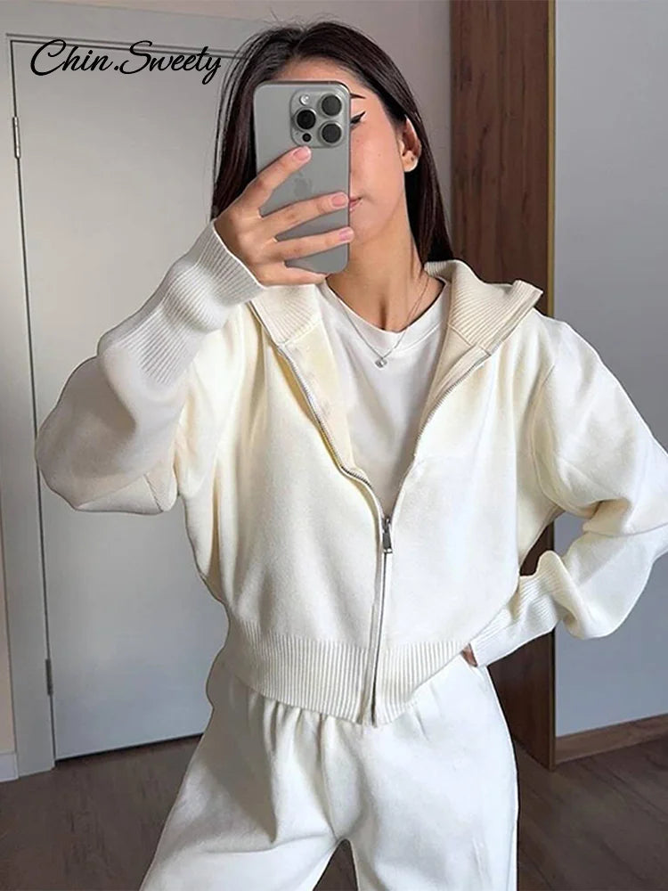 Conjuntos de pantalones de punto para mujer, cárdigan con cuello alto y cremallera, pantalones holgados de cintura alta, trajes de otoño e invierno, nuevos conjuntos a juego