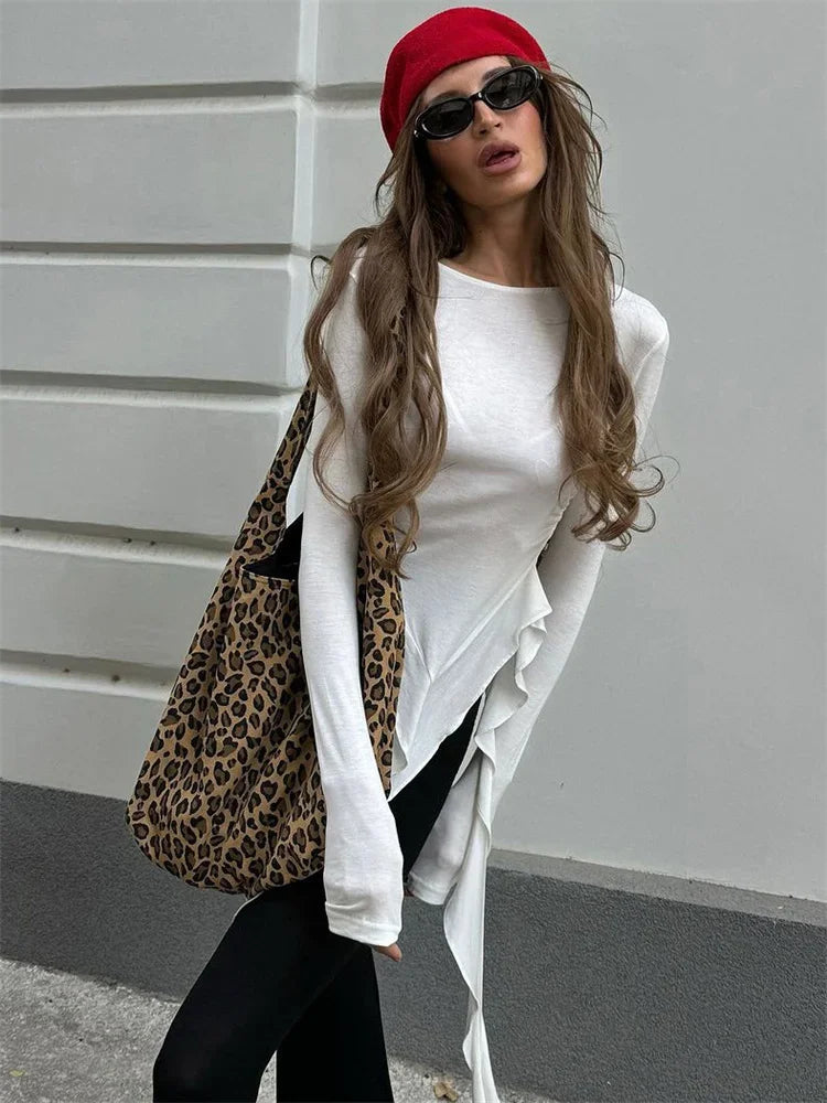 Camiseta de punto blanca ajustada para mujer, jersey con volantes y patchwork transparente, manga larga, top interior sexy Y2k, camiseta de punto para mujer
