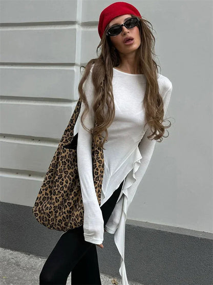 Camiseta de punto blanca ajustada para mujer, jersey con volantes y patchwork transparente, manga larga, top interior sexy Y2k, camiseta de punto para mujer