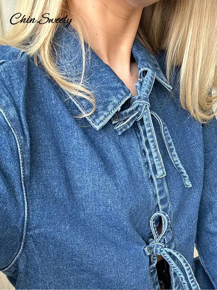 Camisa vaquera con cordones para mujer, blusa holgada de manga larga con solapa y cuello alto, primavera 2025