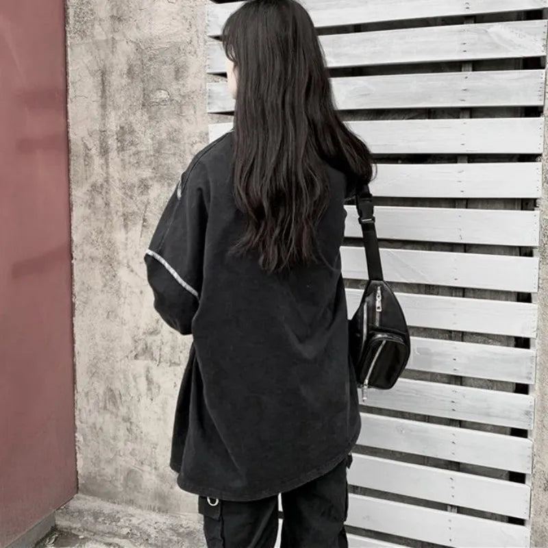 Sudadera con capucha estilo Harajuku BF, negra, estilo hip hop, para adolescentes, otoño, moderna, combinable, para uso diario, sencilla, para mujer, DF4940