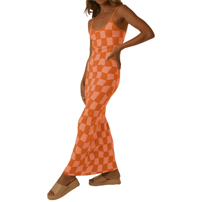 y2k Knitted Dresses Women Geometric Print Spaghetti Strap Sleeveless Bodycon Dresses 2000s Long Night Party Dresses
