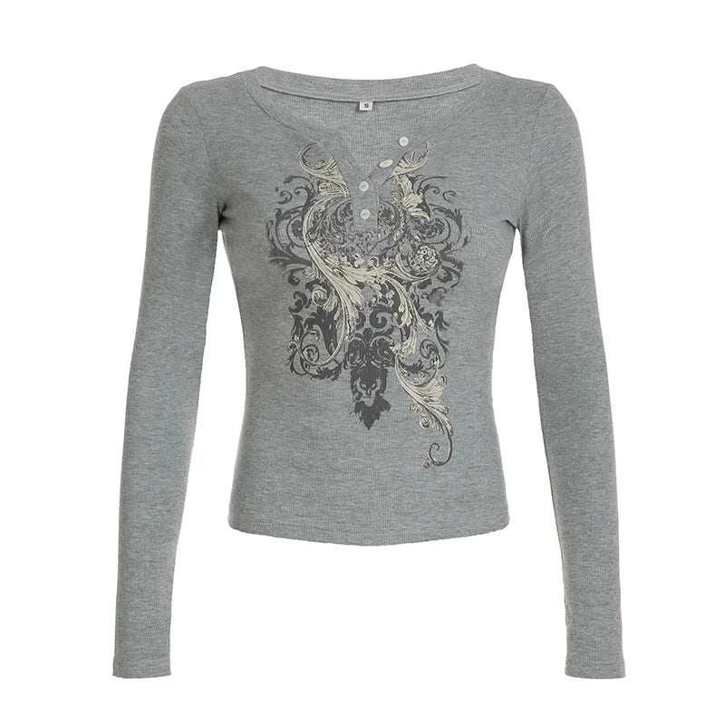 Blusa de mujer con cuello en V y botones con estampado de flores retro, manga larga, básica Y2k, combina con todo, ajustada, de moda, nueva
