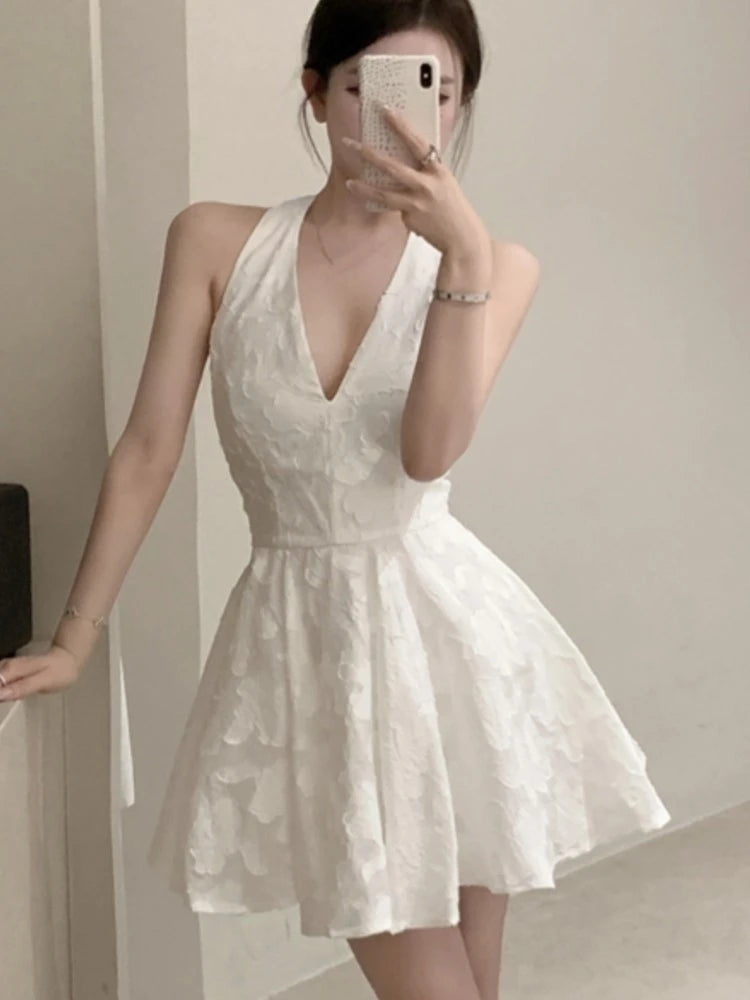 Y2K - Vestidos cortos con cuello en V y espalda descubierta para mujer, Jacquard, sin mangas, corte A, para fiesta de cumpleaños, graduación, minivestidos para mujer, nuevo