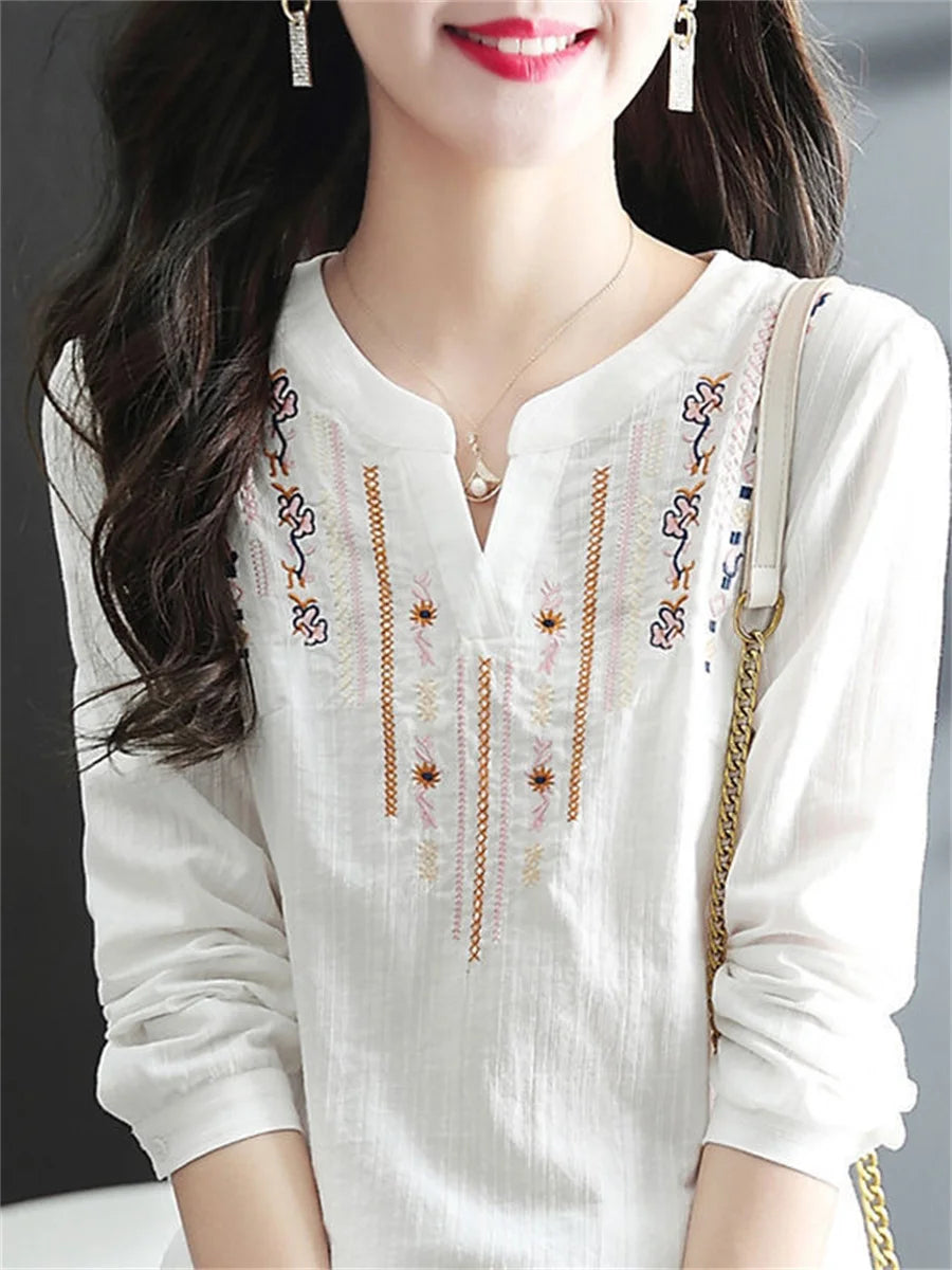 Blusas blancas de primavera y otoño para mujer, blusas informales bordadas con cuello en V y manga larga, blusas vintage holgadas DF4272