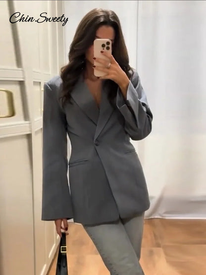 Elegante blazer con botones de metal para mujer, traje ajustado con cuello en V, manga larga, bolsillo falso, hombreras de otoño, ropa de oficina para mujer