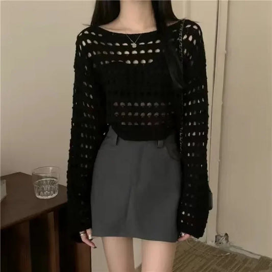 Camiseta vintage hueca, suéter de punto informal, camiseta holgada Y2K, suéter fino de cuello redondo, jerséis de otoño, ropa de calle de moda