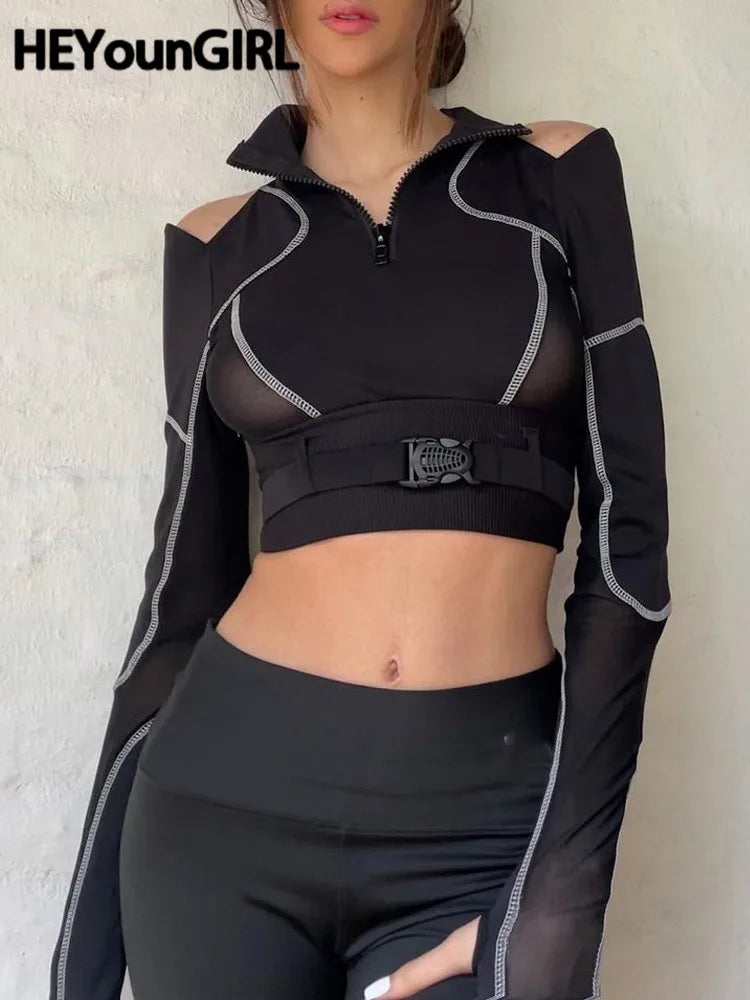 Patchwork Mesh Harajuku Sexy Crop Top Tshirt Ladies Punk Goth Long Sleeve T Shirt Women Fashion Basic Black Tee Shirt