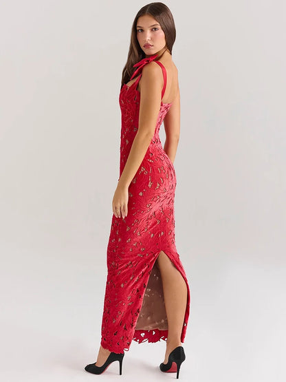 Vestido largo sexy de encaje con lazos para mujer, a la moda, sin mangas, con espalda descubierta, ajustado, para fiesta de cumpleaños de Año Nuevo y club.
