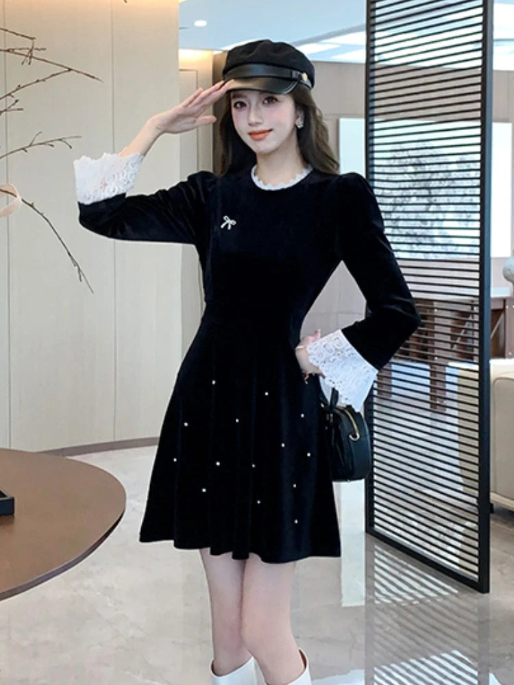 Woman Spring Summer New Elegant Velvet Mini A-line Dresses Long Sleeve Party Fashion One Piece Robe
