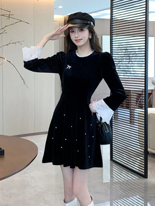 Mujer Primavera Verano Nuevo Elegante Terciopelo Mini Vestido A Línea A Manga Larga Fiesta Moda Una Pieza Bata