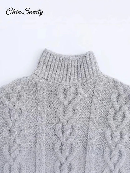 Vintage Beading Twist Pullover Women Knit Gray Long Sleeve High Collar Sweater Lady 2025 High Street Lady All-matching Knitwear