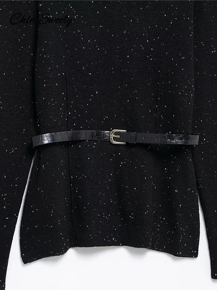 Suéter de cuello alto negro vintage para mujer, jersey de punto holgado de manga larga con cinturón, jersey suave de primavera para mujer, nuevo