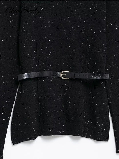 Suéter de cuello alto negro vintage para mujer, jersey de punto holgado de manga larga con cinturón, jersey suave de primavera para mujer, nuevo