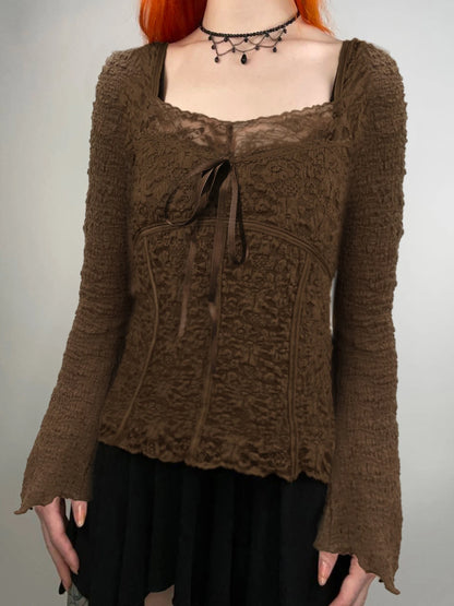 Blusa de manga larga marrón con escote en V y ribete de encaje Hotsweet, con lazo y mangas acampanadas, estilo elegante Y2k para otoño.