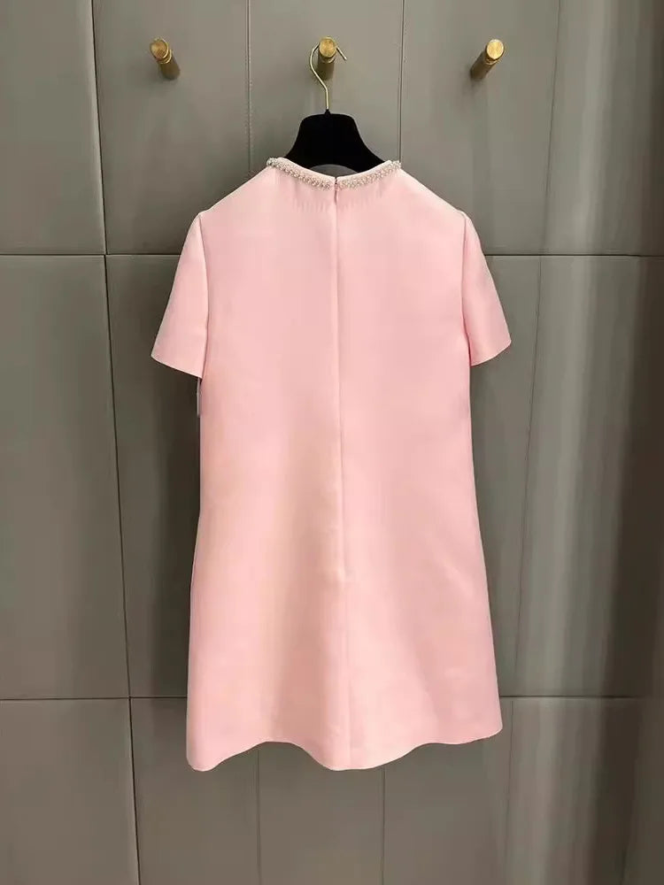 Vestido corto de moda Hotsweet con lazo de cuentas de diamantes, color liso, cuello redondo, elegante, corte A, para mujer, primavera-verano 2025, 23A9653