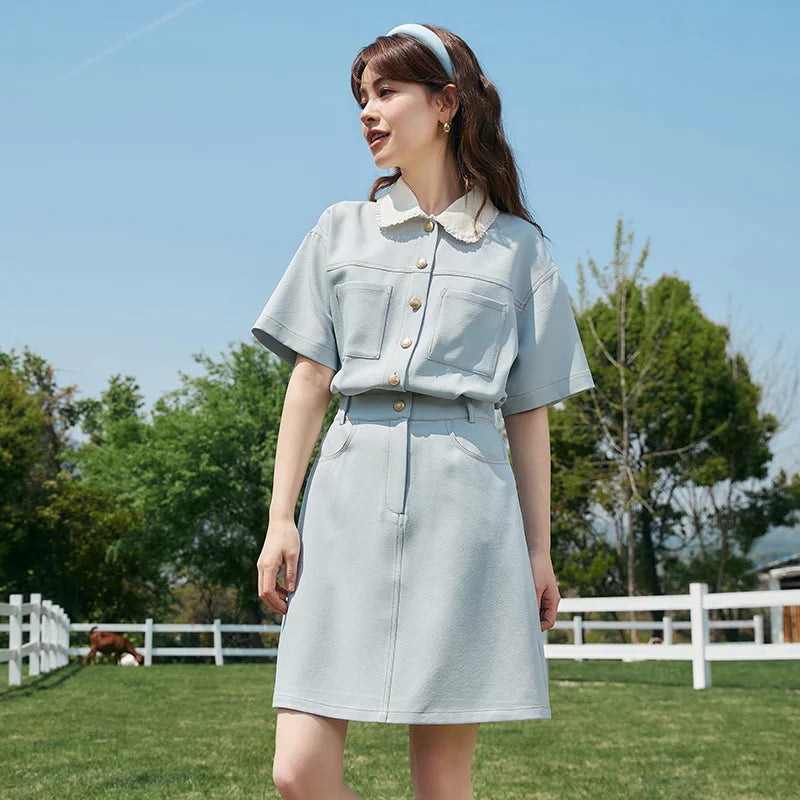 Dress Women’s Lace Doll Collar  Summer New Texture Topstitch Dress