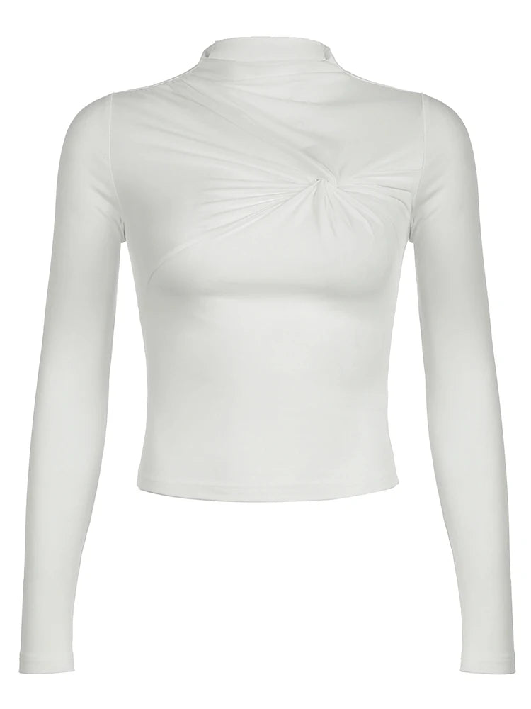 Camiseta blanca elegante con cuello alto y asimétrico para mujer, de manga larga, ajustada, lisa, básica, para primavera y otoño
