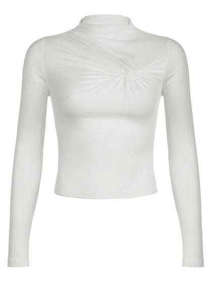Camiseta blanca elegante con cuello alto y asimétrico para mujer, de manga larga, ajustada, lisa, básica, para primavera y otoño