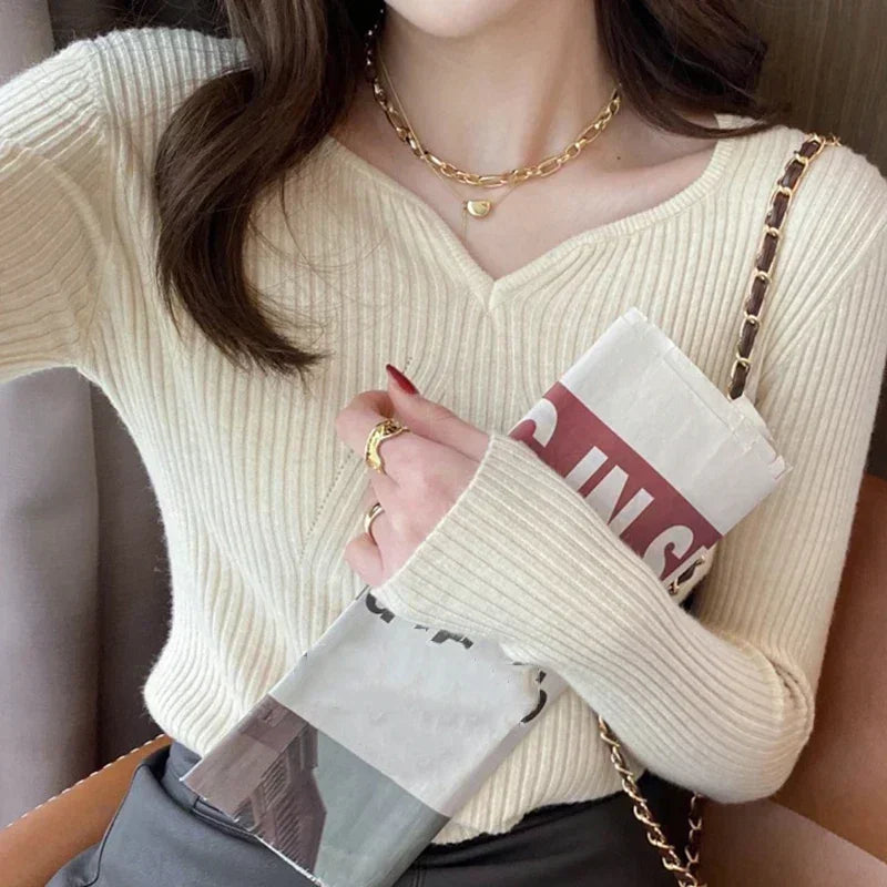 Suéter ajustado con cuello en V para mujer, suéter informal de manga larga de punto, suéter cálido para oficina, otoño e invierno.