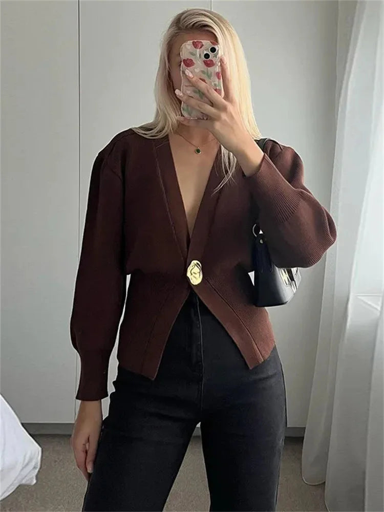 Cárdigan de punto con cuello en V para mujer, abrigo de manga larga, moda de otoño, elegante, corto, cárdigan de punto para mujer