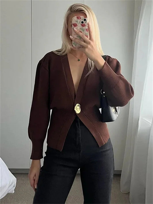 Cárdigan de punto con cuello en V para mujer, abrigo de manga larga, moda de otoño, elegante, corto, cárdigan de punto para mujer