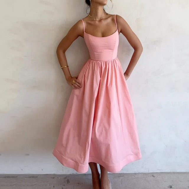 Vestido maxi sexy de corte A con tirantes finos, liso, para mujer, corte bajo, sin mangas, falda grande, vestido de verano, nueva moda, elegante, para fiesta