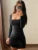 Vestido mini de cuello cuadrado para mujer, ropa de manga larga, ajustado, negro, sexy, de noche, de una pieza.