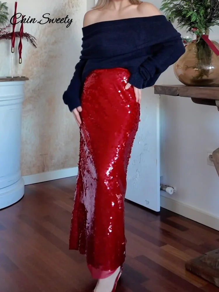 Sequins Red Christmas Sequin Skirts For Women Shiny Split Loose High Waist Straight Skirt 2025 Spring Party Y2K Streetwear New