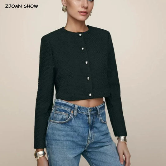 Autumn O neck Soft Woolen Black Tweed Coat Cropped Vintage Women Silver Buttons Full Sleeve Short Blazer Elegant Jacket