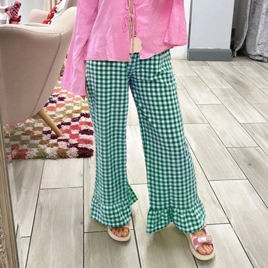 Pantalones anchos a cuadros, estilo preppy, estilo vintage, con volantes en el bajo, holgados, con cintura elástica, estilo Fairycore, ropa Y2K