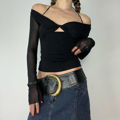 Elegante top negro sexy con corte frontal para mujer, camiseta de malla de manga larga con cuello en V, estilo halter, estilo vintage ajustado para otoño.