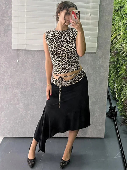 Leopard Sexy 2 Piece-Set Skirt Female Contrast Lace-Up Cropped Pullover And High Waist Skirt Sets Bandage Women’s Outfits