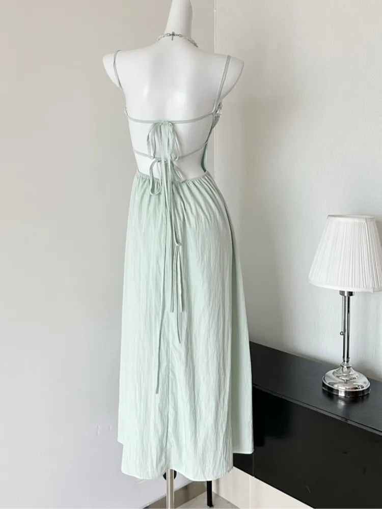 Vestido midi de verano con tirantes finos y espalda descubierta para mujer, sin mangas, con cordones, estilo playero, moda coreana, de una pieza