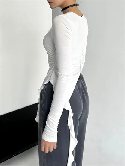 Camiseta de punto blanca ajustada para mujer, jersey con volantes y patchwork transparente, manga larga, top interior sexy Y2k, camiseta de punto para mujer