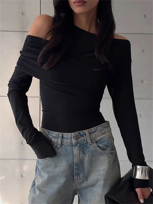 Camiseta negra de manga larga con hombros descubiertos para mujer, jersey ajustado de cintura alta para otoño, camiseta lisa Y2k para mujer