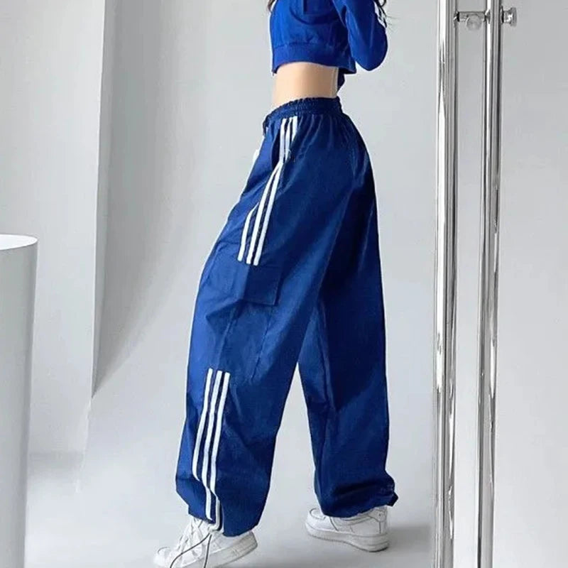 Pantalones deportivos a rayas para mujer, estilo hip hop, holgados, de pierna ancha, cargo, cintura alta, con cordón, Y2K