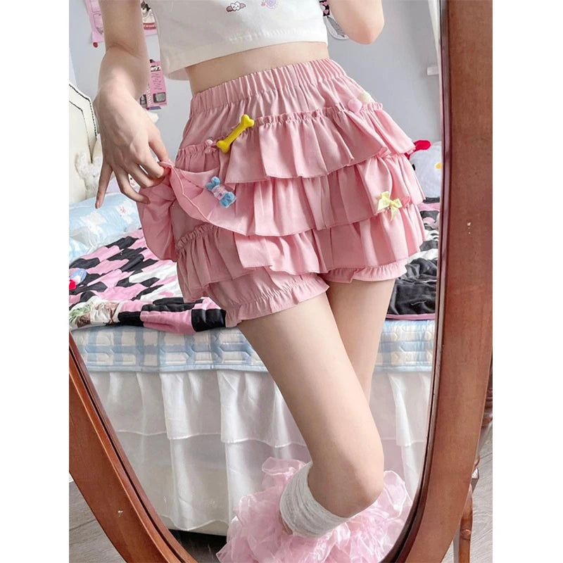 Minifalda con volantes Y2K para mujer, estilo kawaii, estilo lolita, con lazo, estilo harajuku, estilo japonés, de cintura alta, color rosa y blanco.