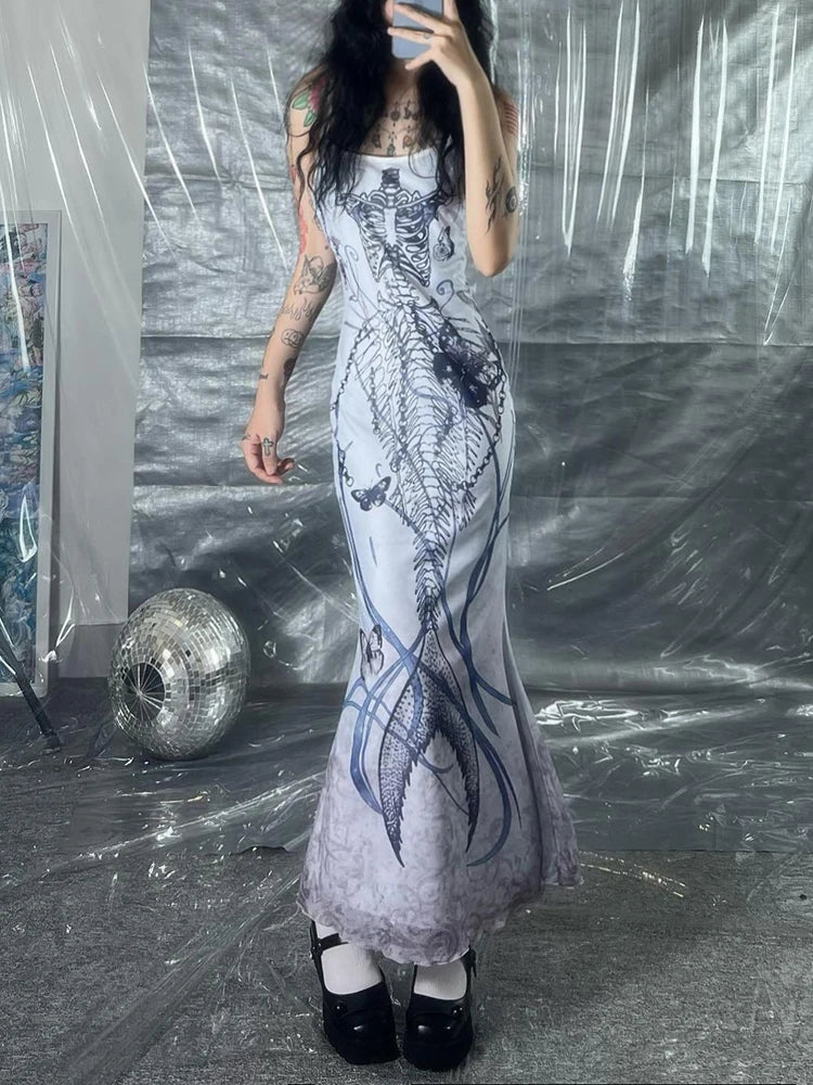 Vestido gótico Y2K con tirantes finos y estampado de sirena para mujer