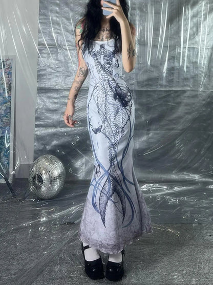 Vestido gótico Y2K con tirantes finos y estampado de sirena para mujer