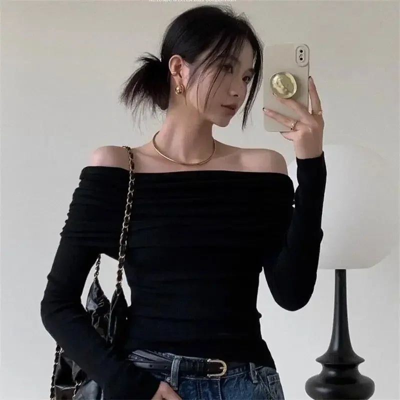 Camisetas con hombros descubiertos para mujer, camisetas casuales de manga larga lisas, tops cortos, ropa de calle, ropa de club, suéteres sexys con cuello torcido y cálidos