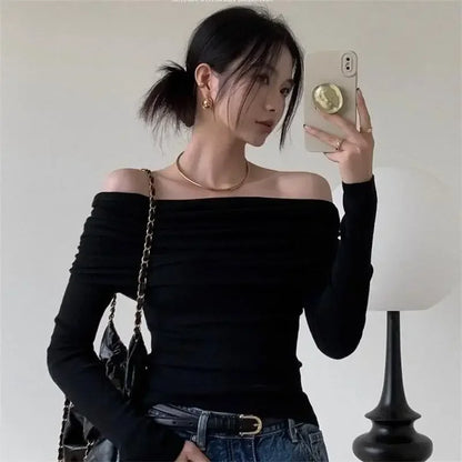 Camisetas con hombros descubiertos para mujer, camisetas casuales de manga larga lisas, tops cortos, ropa de calle, ropa de club, suéteres sexys con cuello torcido y cálidos