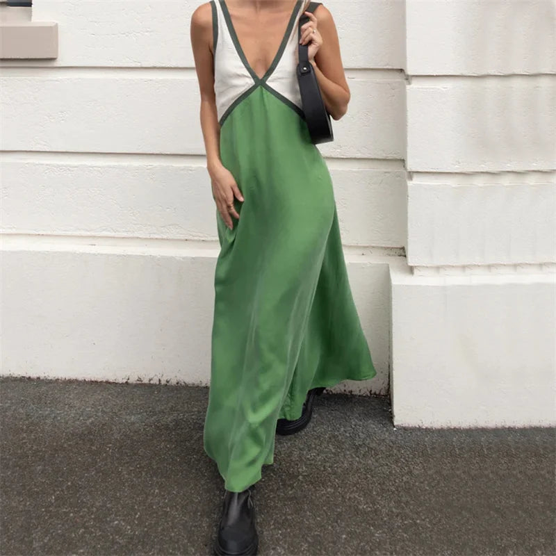 Vestido elegante de verano para mujer, con cuello en V, sin mangas, con patchwork de colores contrastantes, largo y sexy para fiesta de noche.