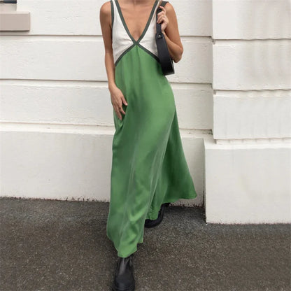 Vestido elegante de verano para mujer, con cuello en V, sin mangas, con patchwork de colores contrastantes, largo y sexy para fiesta de noche.