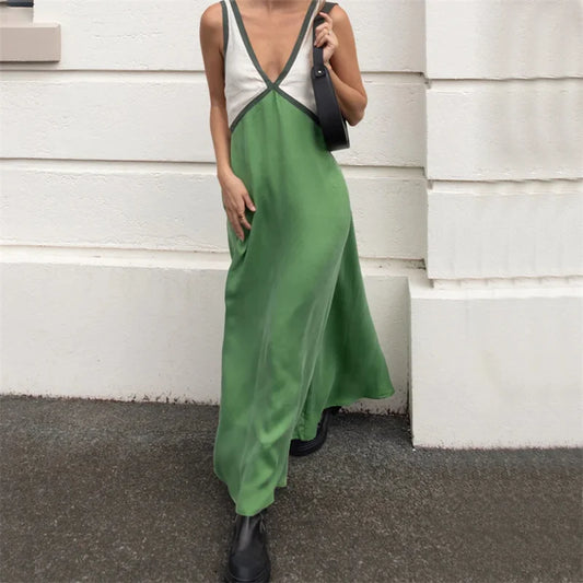 Elegant Dress Women Summer Clothes Contrast Color Patchwork V Neck Sleeveless Long Dresses Sexy Evening Party Dresses